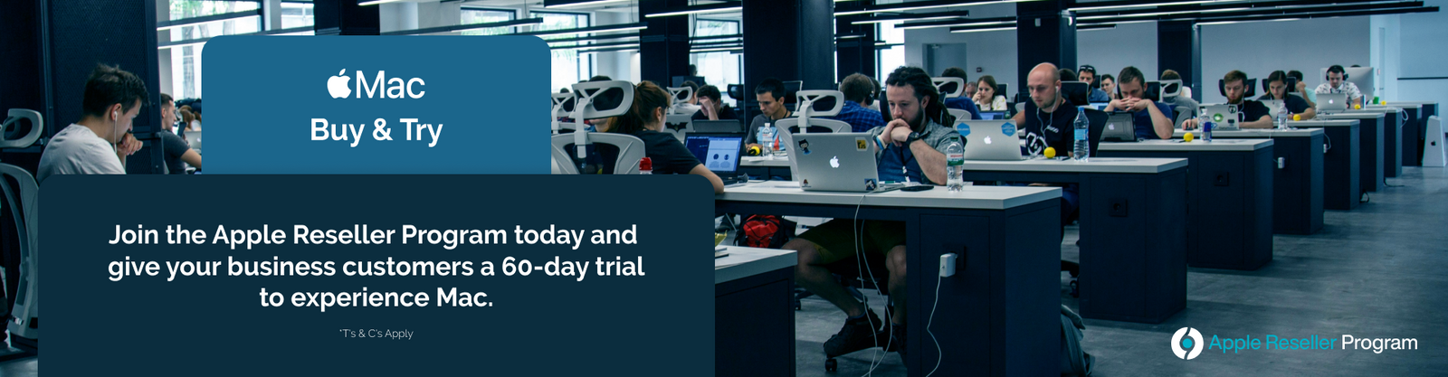 Promotional banner for Apple Reseller Program with text and logo overlay on Buy and try a Mac for your business