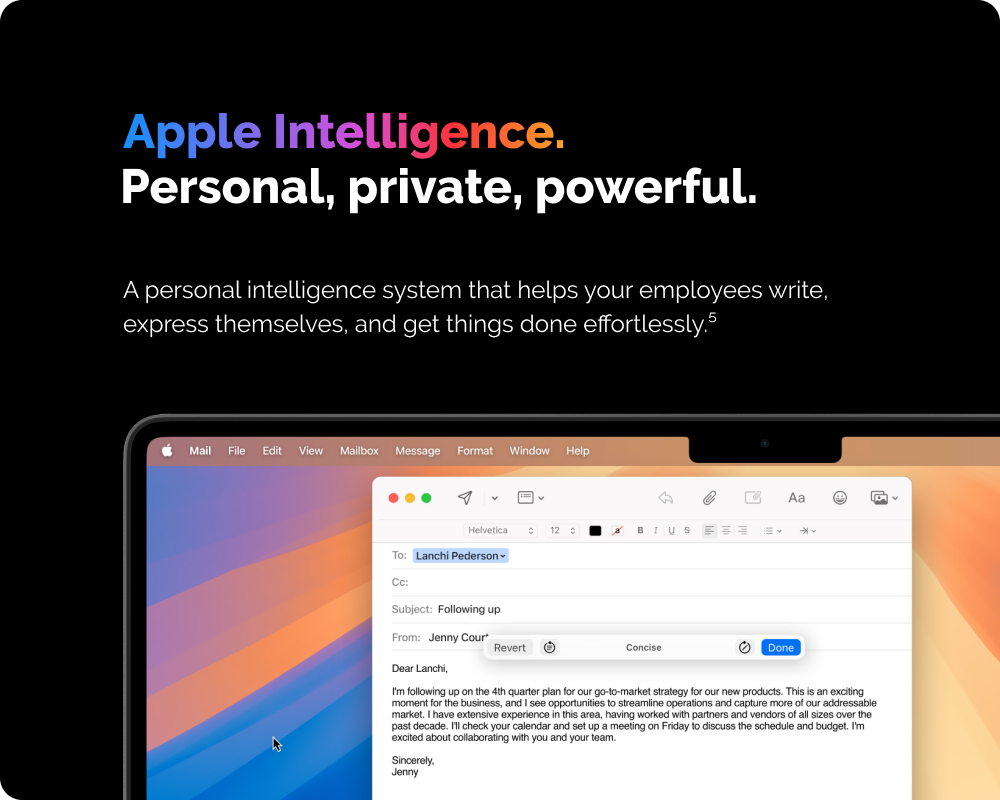 Advertisement for Apple Intelligence with a Mac screen showing  the benefits of Apple intelligence or AI for Mac
