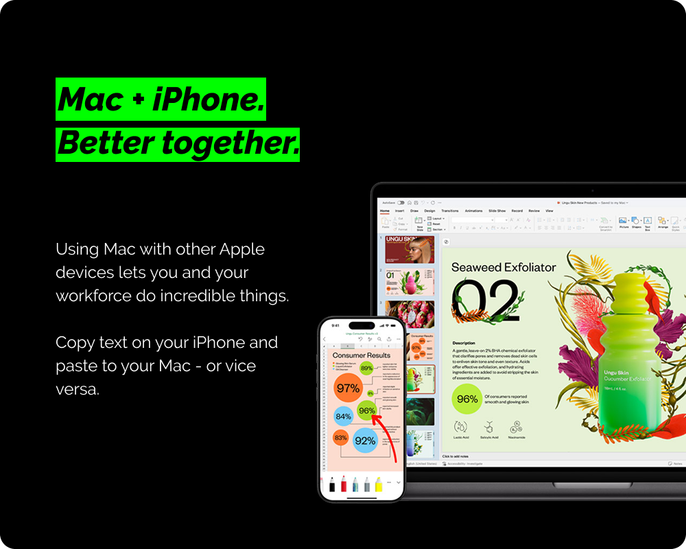 Advertisement for Apple devices showing a Mac and iPhone with text about device compatibility. How Mac works seamlessly with iPhone