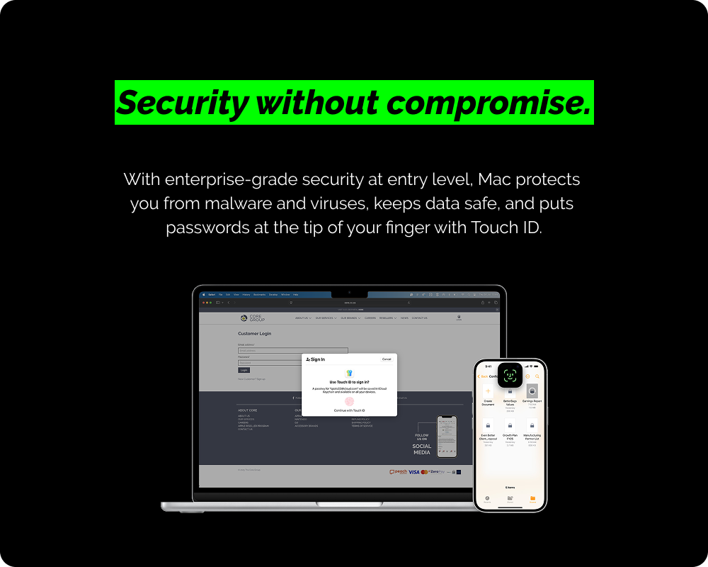 Mac and iPhone with security software interface on a black background, featuring text about enterprise-grade security for all apple products