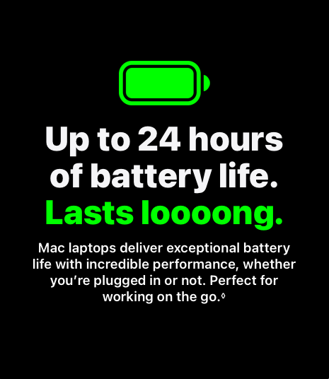 Advertisement for Mac laptops with battery life feature on a black background. Mac for business has great battery life